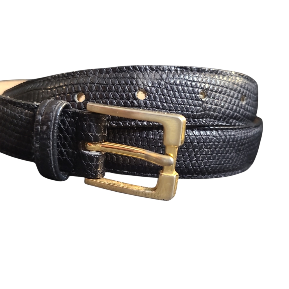 Vintage Black Lizard Leather Belt with Gold Buckle Size Medium - large